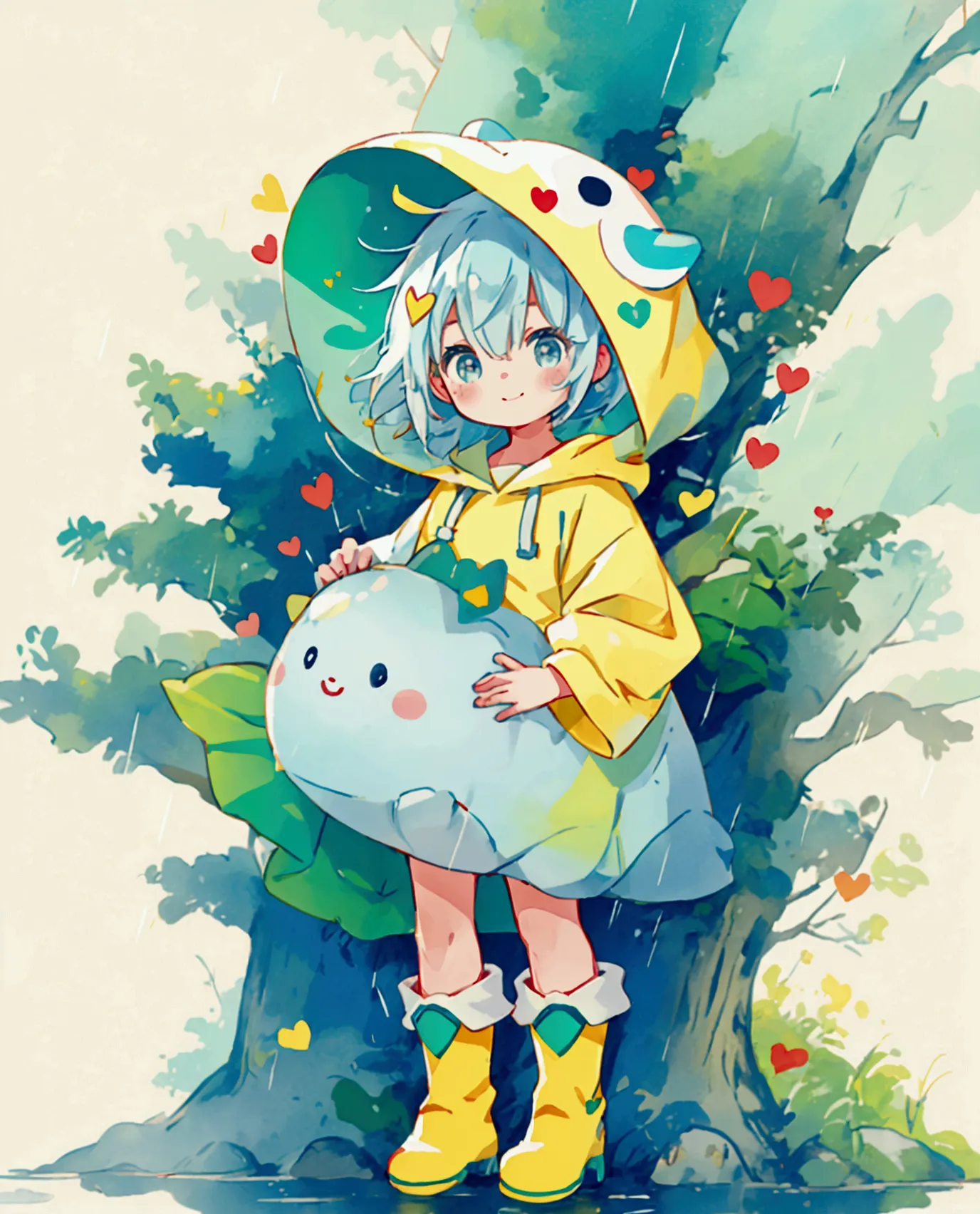 best quality、 1 girl、 wearing a yellow rain gappa with a hood 、light blue hair、 short hair、shining eyes、a radiant smile、young、 l...