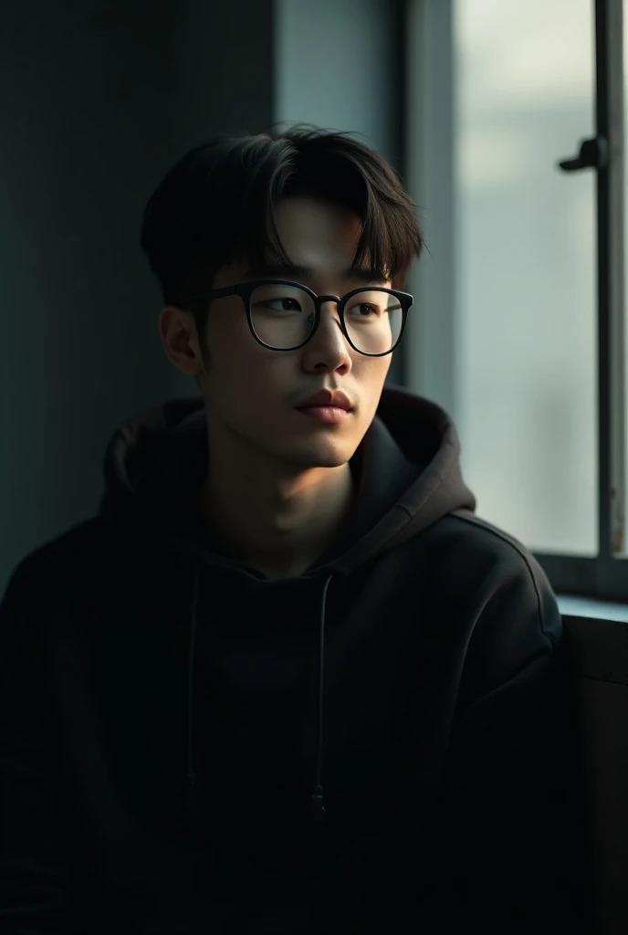 a Hoodie ,  25 year old korean guy, wearing glasses,  dark vibe ,  indoor ,  light from the window 