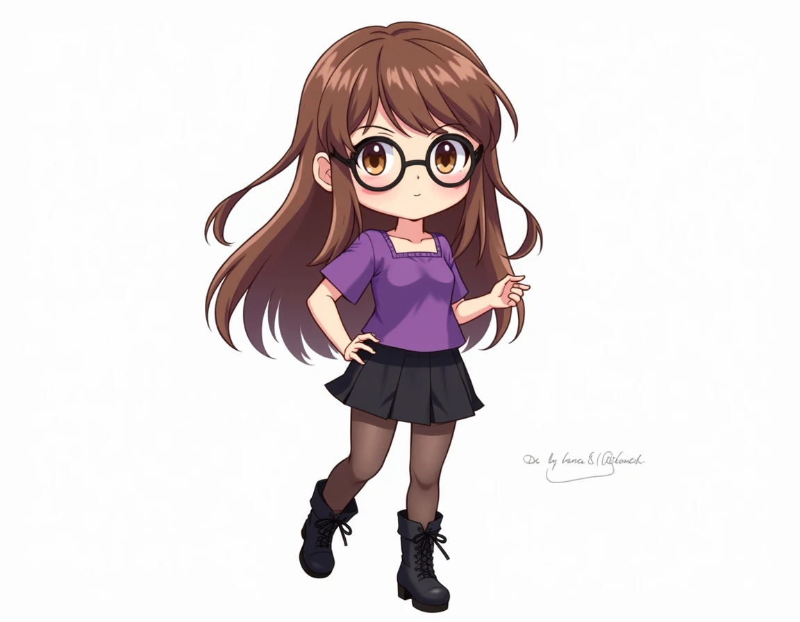 create a chibi-shaped drawing of a woman with long brown hair without bangs, big brown eyes, she wears round prescription glasses, her frame is black, she wears a purple blouse and black shorts with pantyhose and black boots, this character is an RPG narra...