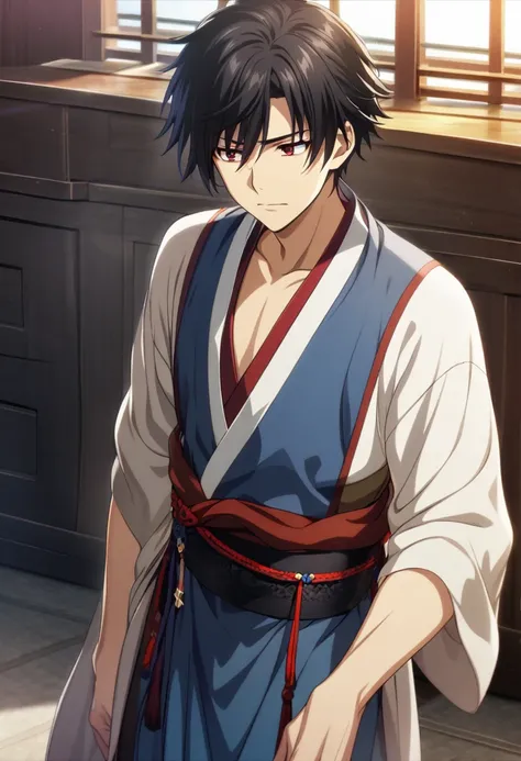 1boy, male, short hair, black hair, red eyes, hanfu male clothes, neutral expression, CG