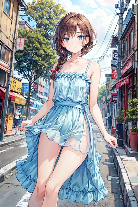 (8k, RAW photo, Best Quality, masterpiece:1.2), (Realistic, photo-Realistic:1.37), Pee,   1 girl, ( K-POPアイドル ), (aegyo sal:1), cute, Blue dress，Streetscape, rain, Wet,  professional writing ,   Photon Mapping ,  radiosity ,  physics-based rendering ,,    ...