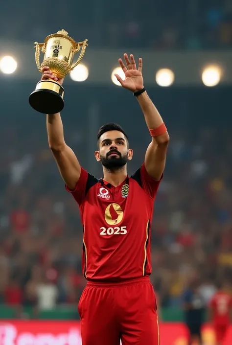 create a real picture of virat kohli wearing the rcb jersey and celebrating the ipl 2025 victory in the group. Make sure you add rcb logo on the virat kohli jersey and write ipl 2025 on the victory cup in his hand