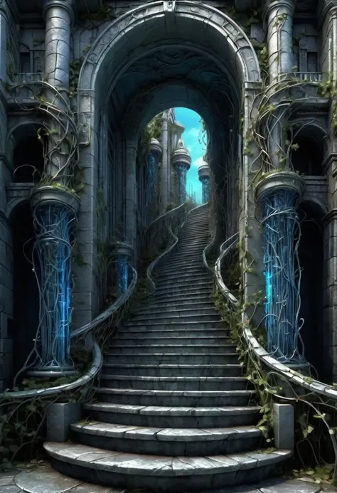 Ultra Wide Angle Towering Tiered Stone Steps Vines Surreal Elements to Layered Invariate Gates Strange Fantasy Blue Glowing Rich Color Levels Complex Details，masterpiece， Best Quality ，Futurism Sci-Fi Style Delicate Dynamic Realistic High Detail .,  Best Q...