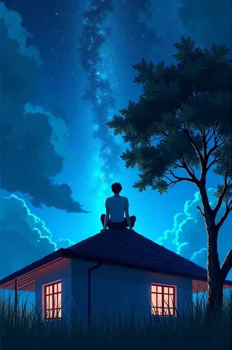 A man perched on his rooftop under a vivid, starlit sky. The azure expanse above is filled with twinkling, high-definition stars, casting a magical glow over the scene. The mans features are distinguished, his attire and surroundings sharply detailed as if...