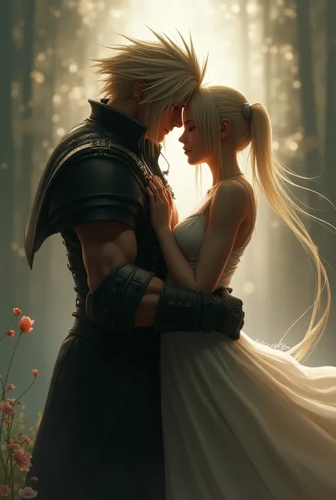 Final Fantasy VII Cloud Strife with Sephiroth hugging each other and both very romantic