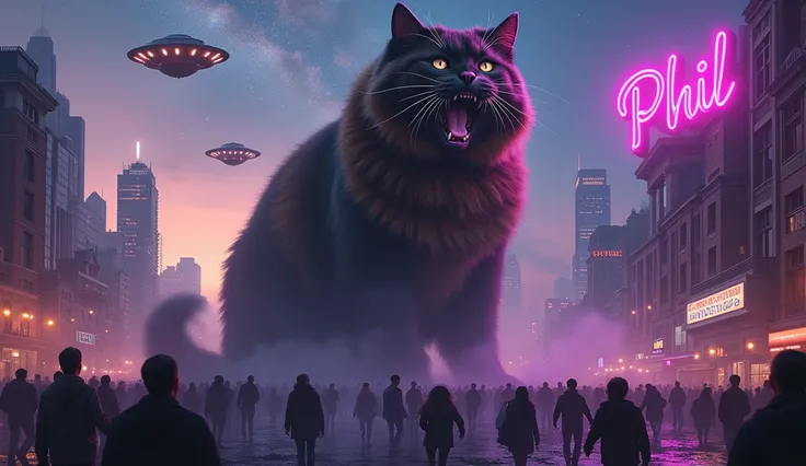 1 giant Maine Coon long hair dark brown tabby cat, hyperrealistic, detailed fur textures, sitting down, the cat yawns , towering over city skyline, skyscrapers dwarfed by immense size, destroyed buildings in fire, thousands of citizens in panic escaping in...