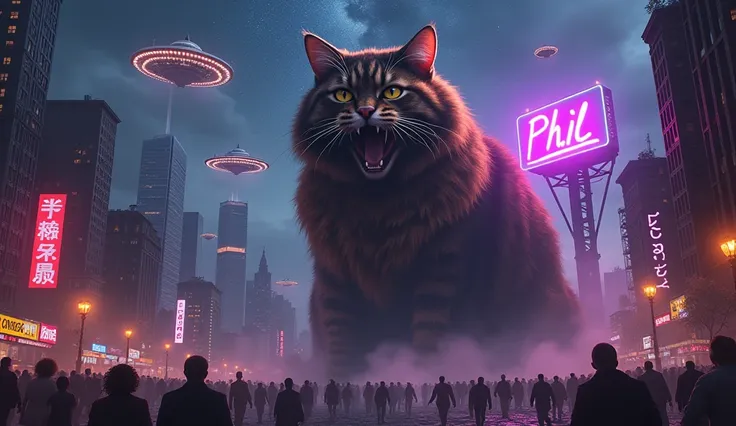 1 giant Maine Coon long hair dark brown tabby cat, hyperrealistic, detailed fur textures, sitting down, the cat yawns , towering over city skyline, skyscrapers dwarfed by immense size, destroyed buildings in fire, thousands of citizens in panic escaping in...