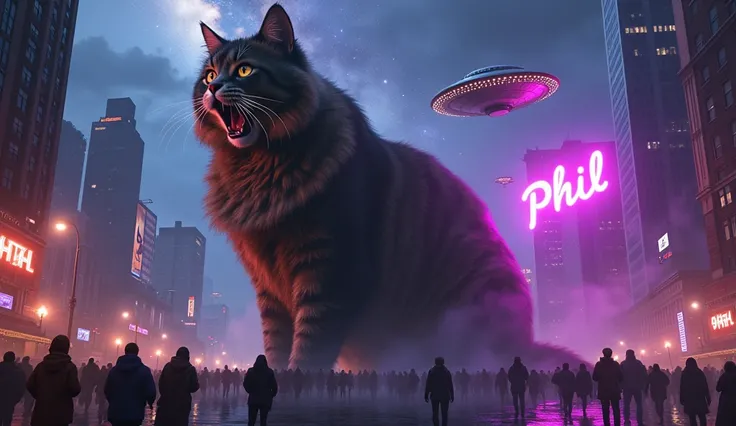 1 giant Maine Coon long hair dark brown tabby cat, hyperrealistic, detailed fur textures, sitting down, the cat yawns , towering over city skyline, skyscrapers dwarfed by immense size, destroyed buildings in fire, thousands of citizens in panic escaping in...