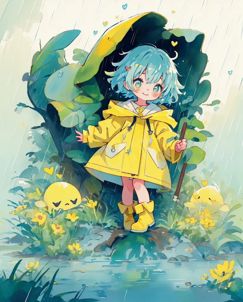 Best Quality、 1 girl、 hooded raincoat 、 wearing a yellow raincoat、Light blue hair、 short hair、Shining Eyes、A radiant smile、Young、 little character、 soft and soft body 、 holding a big red heart cushion、 wearing green boots 、There is mud on the boots 、 stand...