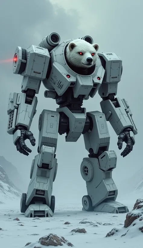 A imposing, futuristic mech resembling a polar bear stands in a harsh, snowy landscape. The mech features a bears head with glowing red eyes and a fierce expression, mounted on a robust, armored body equipped with weaponry, including a tank-like cannon. It...