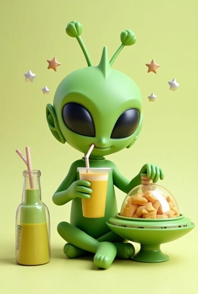 

** Image Description :**  
 a 3D rendering of a friendly green Martian ,  with two antennas and big black eyes .  He is sitting with a friendly expression .  Between his legs ,  there is a large açaí cup with a straw ,  and he is drinking with one hand h...