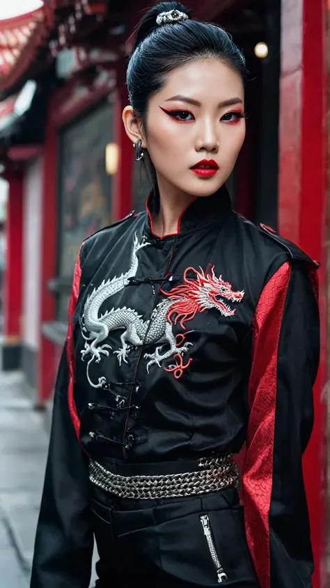 Stunning portrait of a fierce Thai-Chinese-Korean beauty - sharp fox-like eyes with smokey red eyeshadow, high aristocratic cheekbones, plump lips with metallic gunmetal tint. Sleek black hair in high ponytail with side-shaved dragon pattern, red streaks f...