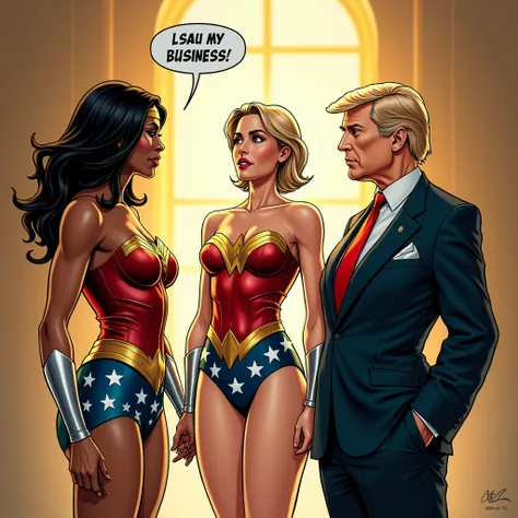 comic scene 3 character (character 1 Wonder Woman Kamala Harris wear a blase red and blue stripe she says my homeland) (character 2 Pingnin Donald Trump he says my business) (character 3 Catwoman Hillary Clinton calming between them separates the heated sp...