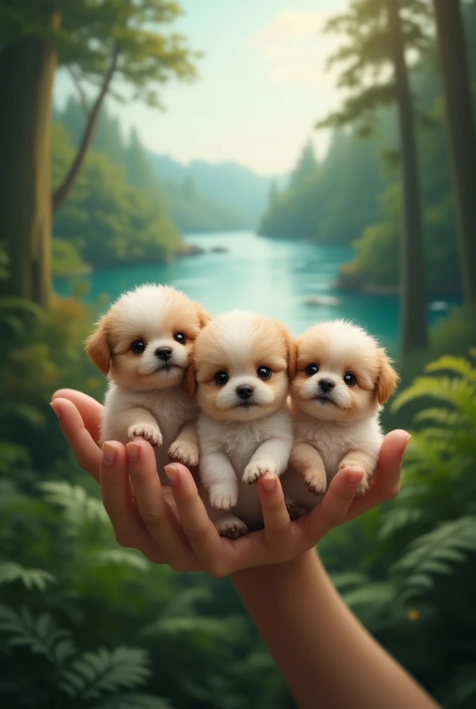 A hand holding 3 small cute ultra  =  realistic dogs with a lot of dense blurred background is from a forest with a lake behind it.