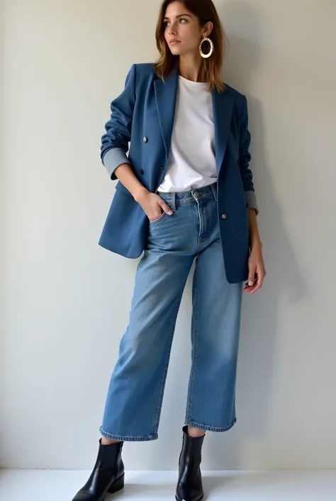 •	Style: A casual, relaxed denim-on-denim look.
	•	Item Combination: A simple white T-shirt layered under a denim shirt with a blazer adds cohesion. Black boots pull the look together.
	•	Accessories: Large gold hoops add a touch of glam to an otherwise si...