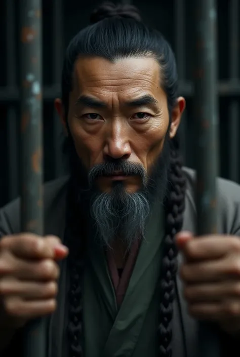 A Chinese man with long braided hair and has a beard in a jail rail


( Age: 30)