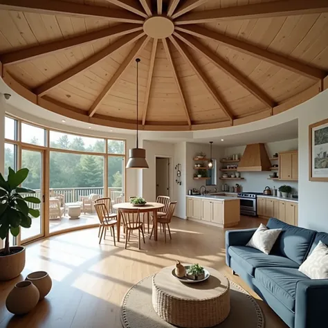 View the interior of a circular house ,  where you can see an American kitchen open to the living room , with a framework of wooden beams that make up the roof.