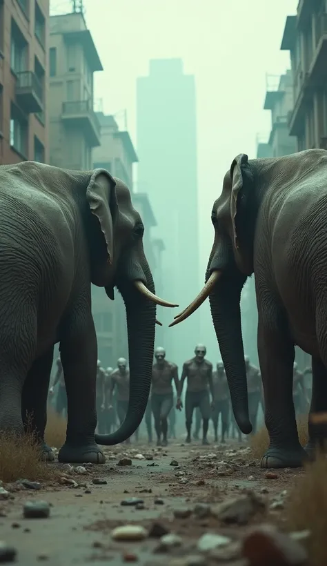 elephants and scary zombies standing side by side, background between an abandoned city, long distance shooting full HD, realistic HD