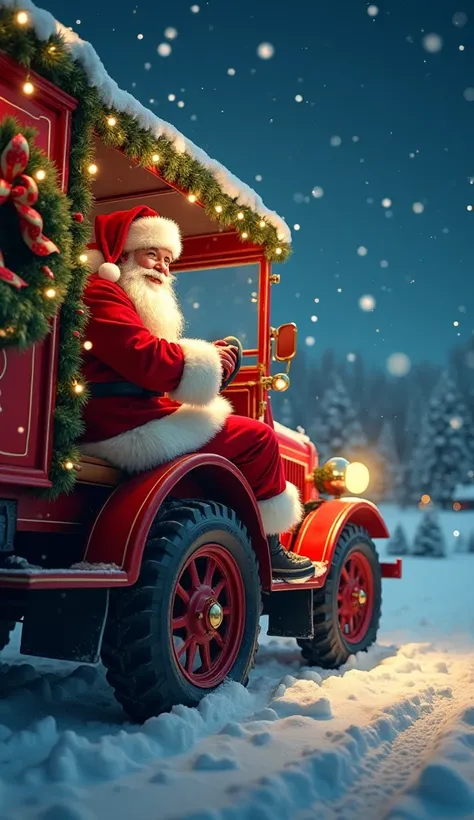 
"An ultra-realistic scene depicting Santa Claus driving a festive, Christmas-themed truck. The truck is adorned with vibrant holiday decorations, including twinkling lights, colorful wreaths, and large bows that reflect the joyful spirit of the season. Th...