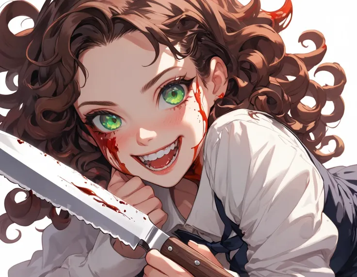 1 high school girl，Menhera，Colorful blood，blood return，have a knife，Yandere，cute，high resolution，more detailed，open smile，blood, brown curly hair, green eyes, wicked smile, eyes wide open, unhinged gaze, (anime), (cartoonish)