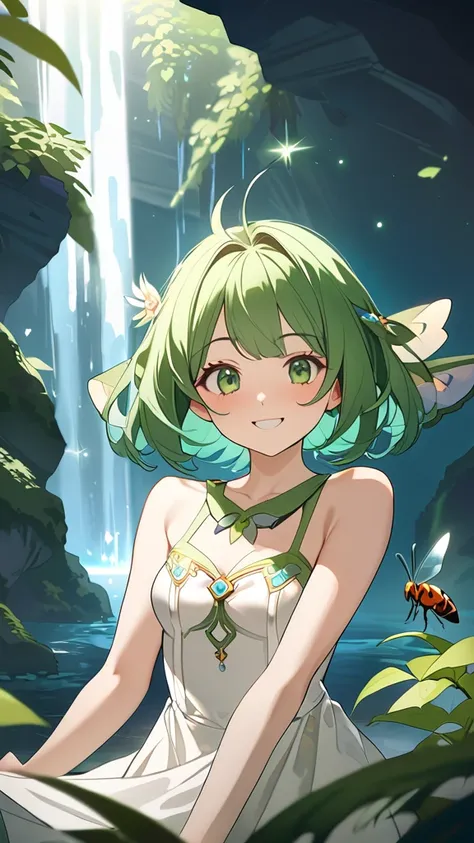 1 girl, ( cute face), smile,  short hair, long side bangs,  fantasy anime costume,  playfulness in nature,  skin like pottery , Small breasts, 明るいsmile  
break,  deep green of the jungle , Shining Light, (Fantastic Light:1.4),  colorful insects ,  Charming...