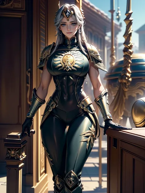 (masterpiece,best quality,ultra_detailed,highres,absurdres), (detailed shadow), (quality light),1 (adeptus custodes tomboy girfriend:1.4), (warhammer_40k adeptus_custodes:1.4), 30-ish, (muscleale focus, solo), blue eyes (detailed eyes), beautiful pretty cu...