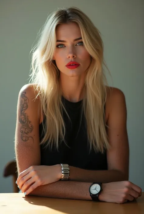 A beautiful 1 woman wears a black top and has Long hair and she wears red lipstick and black eyeliner and she has blonde hair and blue eyes and ihre Arme Sind Stark behaart mit Blonden haaren und ihre Nägel sind gemacht und she puts them on the table, the ...