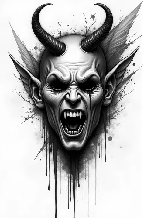 Black and white tattoo sketch .  flows from your mouth. It depicts the devils face that is half covered by an angel mask with empty black soulless eyes,  from which blood flows and  