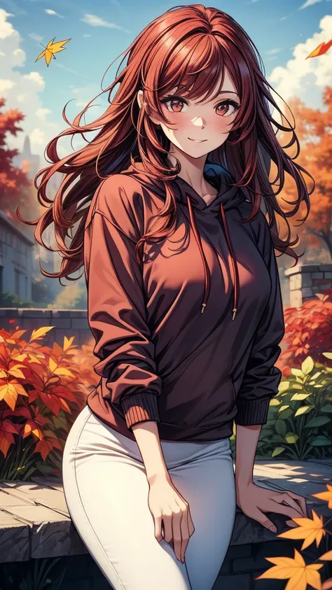 ((masterpiece, best quality:1.8, high detail)), beautiful woman, bright brown eyes, smile, wide-eyed, solo focus, long messy hair, ((dark red hair)), ((white sweatshirt)), (black pencil skirt), slim body, fall, garden, autumn leaves, (cloudy sky), ((realis...