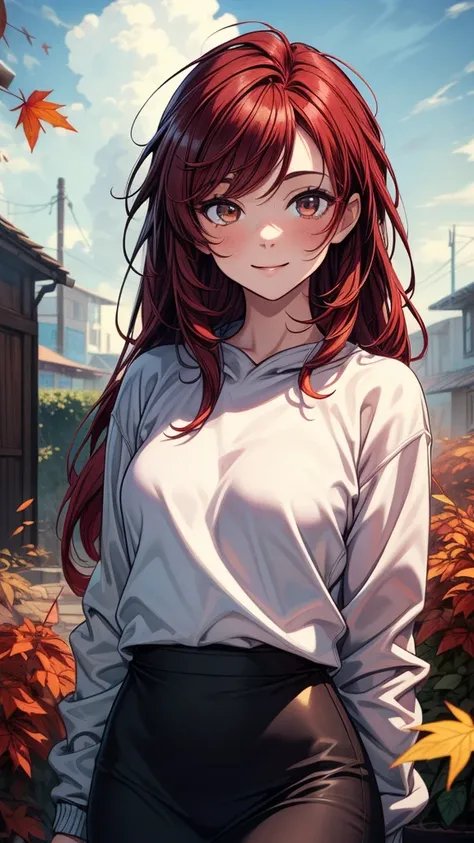 ((masterpiece, best quality:1.8, high detail)), beautiful woman, bright brown eyes, smile, wide-eyed, solo focus, long messy hair, ((dark red hair)), ((white sweatshirt)), (black pencil skirt), slim body, fall, garden, autumn leaves, (cloudy sky), ((realis...