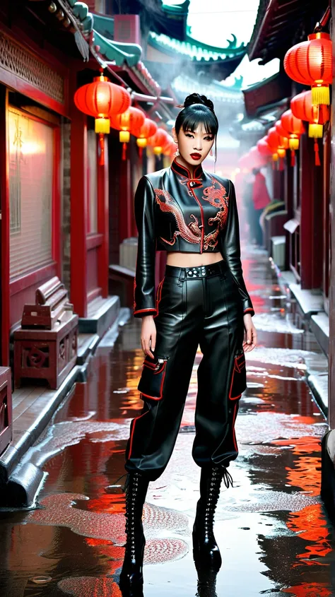 Stunning portrait of a fierce Asian beautiful model - sharp fox-like eyes with smokey red eyeshadow, high aristocratic cheekbones, plump lips with metallic gunmetal tint. Sleek black hair in high ponytail with side-shaved dragon pattern, red streaks flowin...