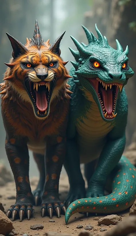 Create an image showcasing two distinct creatures side by side: on the left, a powerful Saber-toothed cat with long, deadly fangs and a sleek, muscular build. Its fur is complemented by patches of reptilian scales and spines, emphasizing its primal strengt...