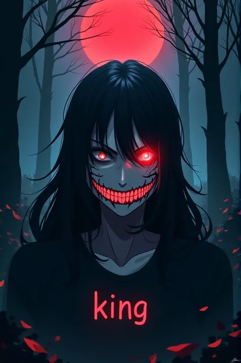 Red Moon with a mad smile in forrest (cool tone) (low light) (close up) and KING written on that airal text and a anime characters of Create jon jones in an evil anime characters and  and his one should blink with neon red eye and one should be cover from ...