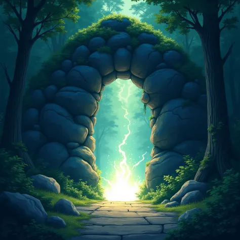  anime style, illustration, a rock arch in the middle of the forest, door made of magical energy, perfect illumination,