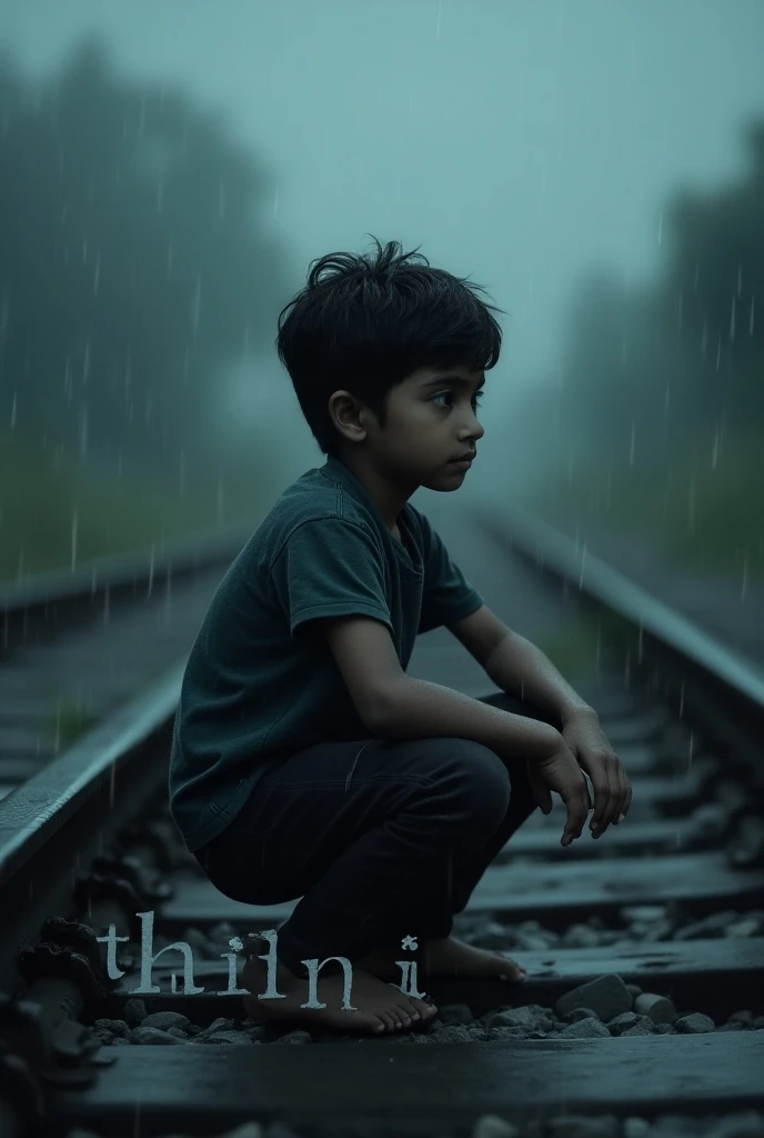 One boy sitting railway rack his hand on "thinu" this text clamate is rain