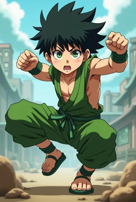 character similar to rock lee from naruto, , short black hair, green eyes and bands on his left and right wrist