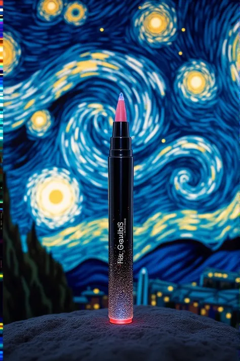  Create an advertisement with artistic elements of a famous work of art ( Starry Night by Vincent Van Gogh ),  that shows a makeup pen with the name  "Glowlnk Pen" for consumers of the product  