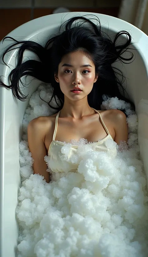 Professional photography, realistic, Wong Kar-Wai, shot from top down photo of American woman lying in the bathtub, she has long messy black hair, she is bathing, she has pretty makeup, the bathtub full of soap foam, photo has bubbles flying in foreground,...