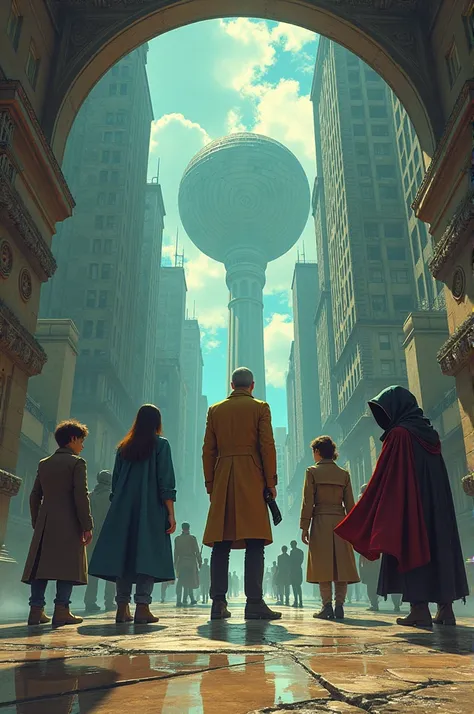 Young man in long brown coat, young woman in blue long coat, spiral masked man in brown long coat, young rogue woman in black coat, guerrilla with red cloak, mysterious old man in golden coat, 
Split with multiple characters strange scientific ancient city...