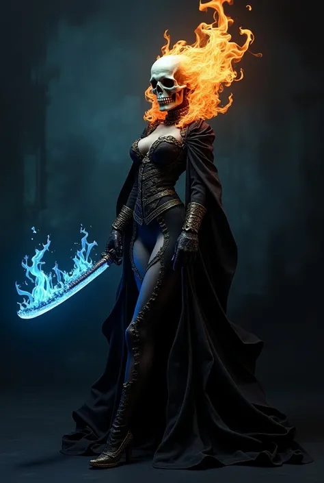 Flaming skull, voluptuous female body, black and gold gothic robe, huge booty, wielding crystal blue flame katana 