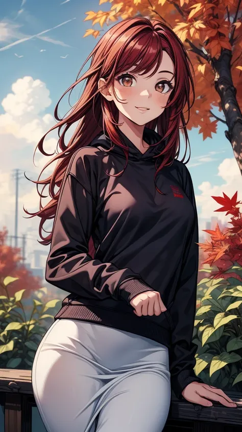 ((masterpiece, best quality:1.8, high detail)), beautiful woman, bright brown eyes, smile, wide-eyed, solo focus, long messy hair, ((dark red hair)), ((white sweatshirt)), (black midi pencil skirt), slim body, fall, garden, autumn leaves, (cloudy sky), ((r...