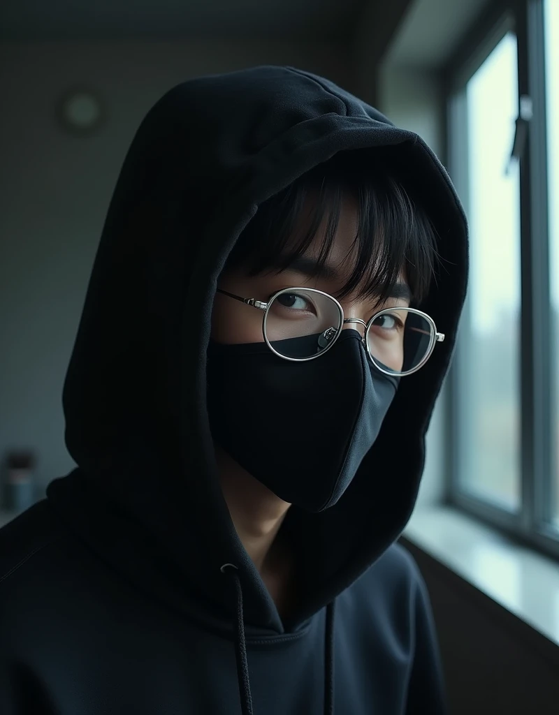 a Hoodie ,  20 year old korean guy, wearing glasses,  dark vibe ,  indoor ,  light from the window , head covered hoodie, wearing black masks , eyes staring out towards the window, photorealistic