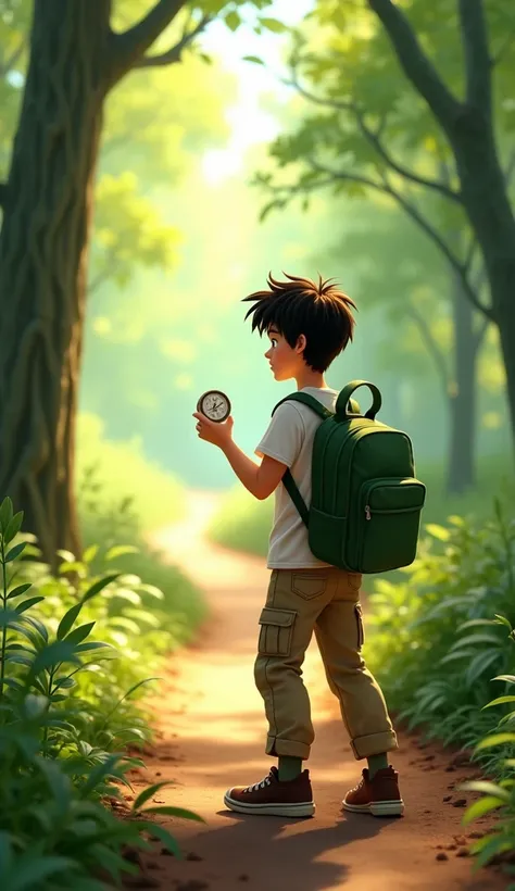 Create a Disney Pixar style wide shot of Ben, with dark brown, slightly messy hair, wearing a white T-shirt, light brown cargo pants, and a green backpack, standing at the edge of a forest path. The compass is in his hand, pointing north, and Ben is lookin...