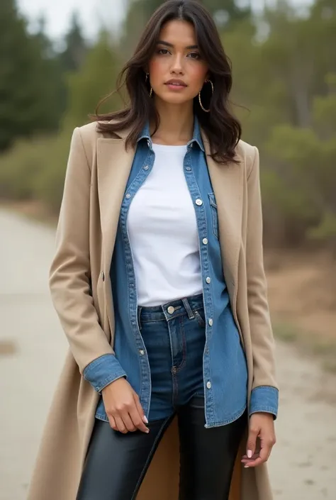 •	Style: A casual, relaxed denim-on-denim look.
	•	Item Combination: A simple white T-shirt layered under a denim shirt with a beige oversized blazer adds cohesion. Black boots pull the look together.
	•	Accessories: Large gold hoops add a touch of glam to...