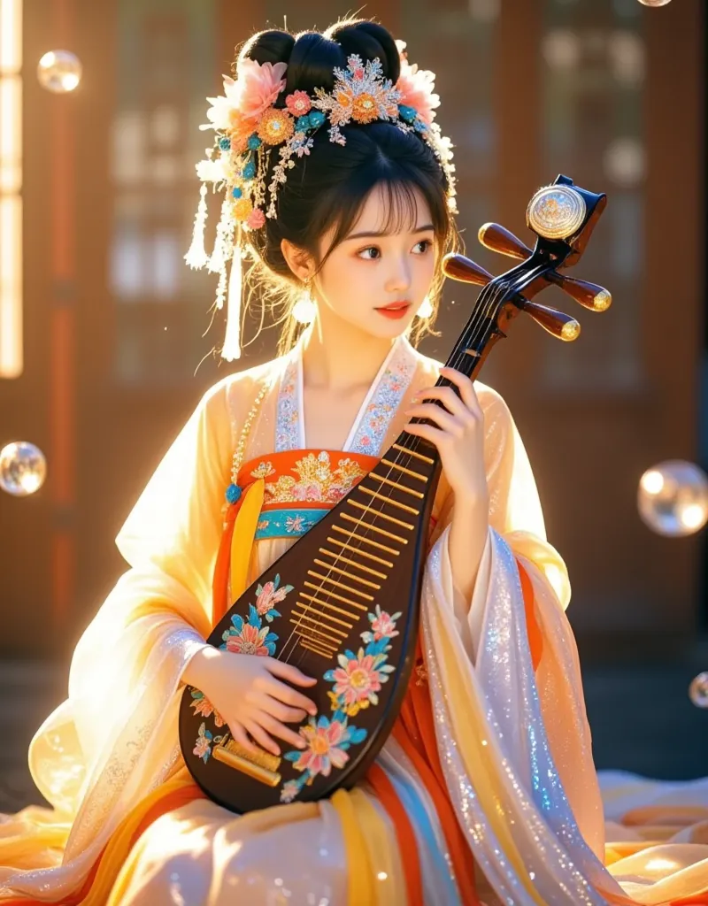 (extra longshot), (full body), 1girl, solo,  glittering hanfu girl ,  wrapped in liquid light elements ,  the kawaii aesthetic s...