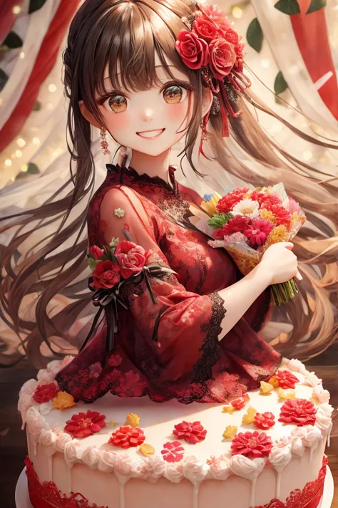 birthday party、colorful、soft color、 smile、 red lace dress 、birthday cake、bouquet of a lot of flowers