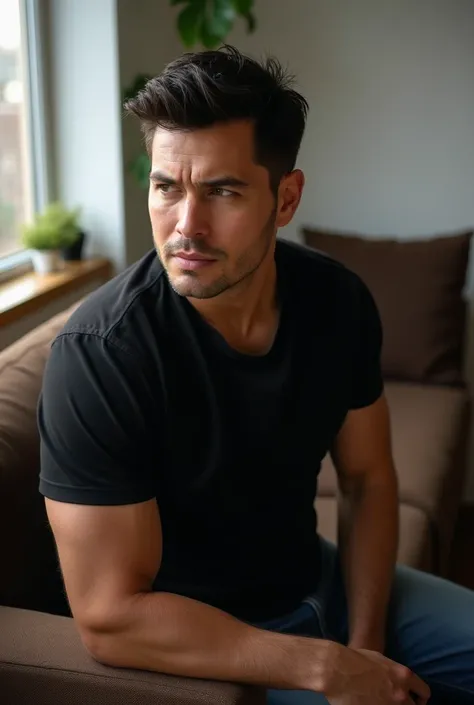 A full shot of  a not too muscular man with short black hair, wearing black shirt seated in a  brown couch in the middle of a spacious room,  his arm on the couch arm, looking forward  with a fierce expression 