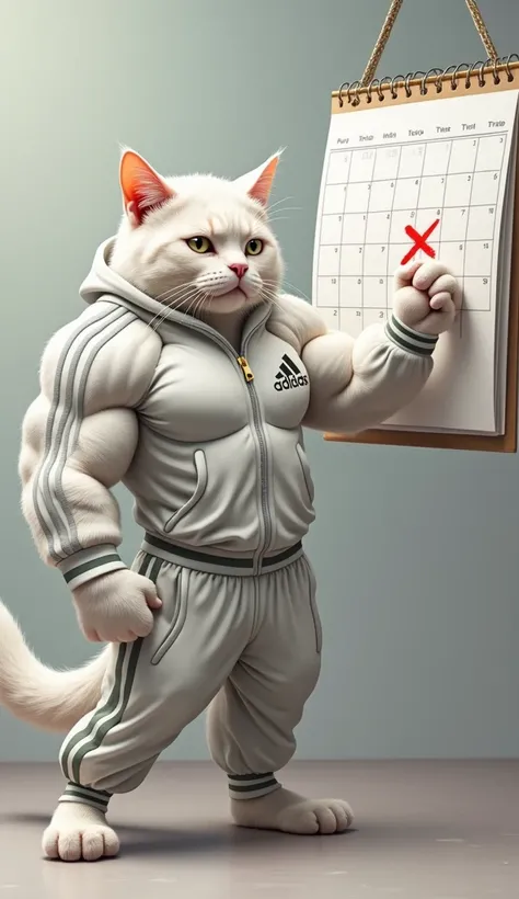 
**Prompt:**  "A body builder white cat in an Adidas tracksuit stands next to a calendar, marking off a day with an X, demonstrating his commitment to his goals."
