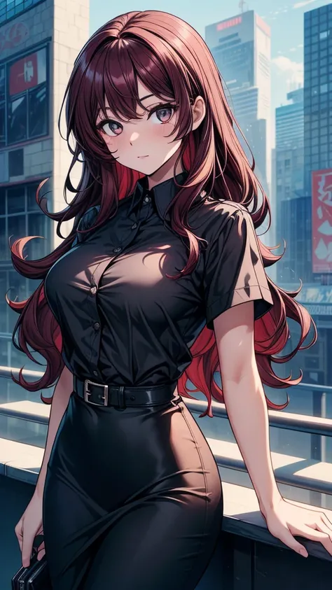 ((masterpiece, best quality:1.8, high detail)), beautiful business woman, bright eyes, looking at viewer, solo focus, long ((wavy hair)), ((dark burgundy hair)), ((white collar shirt short sleeves)), (black midi pencil skirt), (long black skirt), slim body...