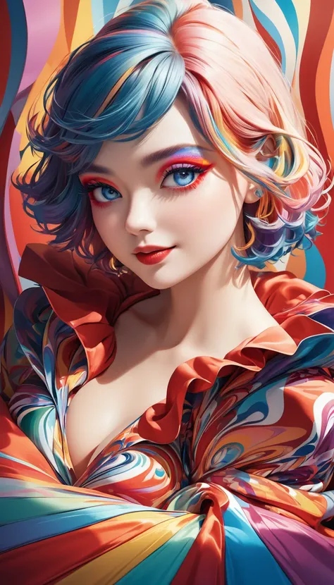 conceptual installation vivid color pop art, lively and pretty woman, red glossy silky disheveled short hair, makeup, amorous and lewd expression, shy happy smile, cortesy, elegance, dignity, captivating big round eyes, curvaceous, wearing casual wear, var...